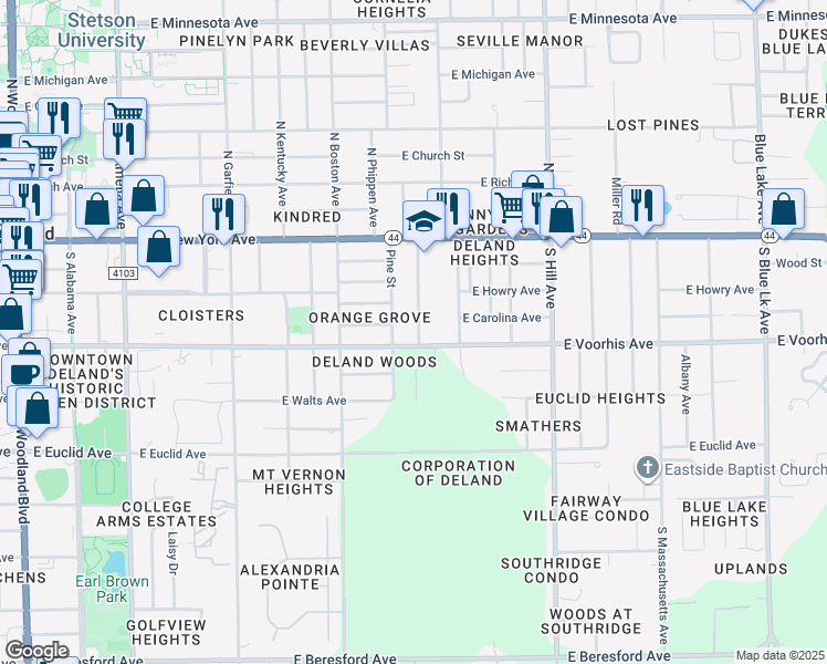 map of restaurants, bars, coffee shops, grocery stores, and more near 230 South Chandler Avenue in DeLand