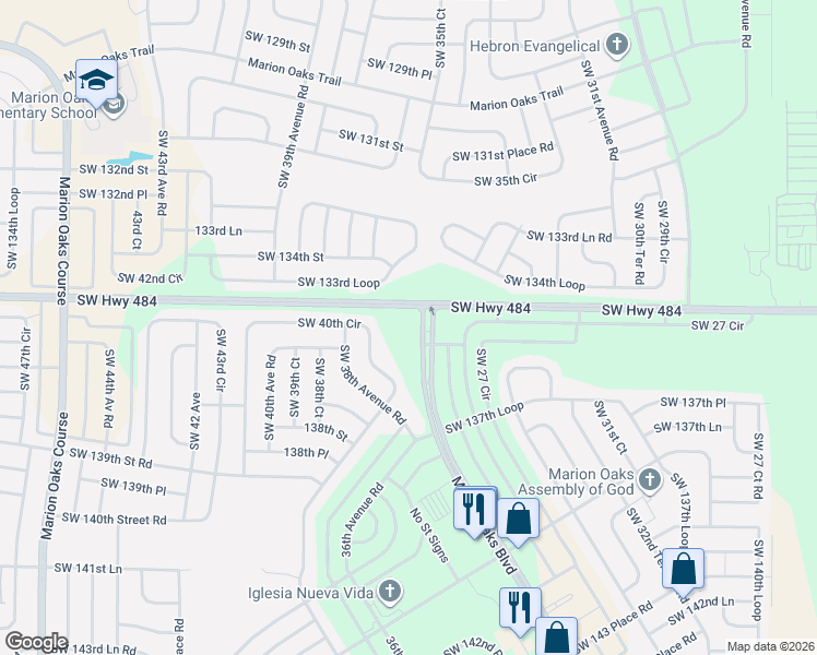 map of restaurants, bars, coffee shops, grocery stores, and more near 100 Marion Oaks Boulevard in Ocala