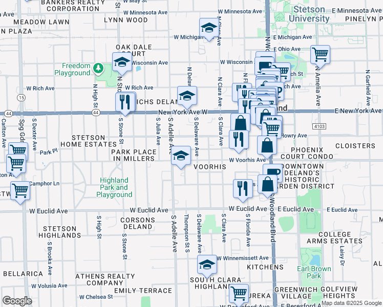 map of restaurants, bars, coffee shops, grocery stores, and more near 420 West Carolina Avenue in DeLand