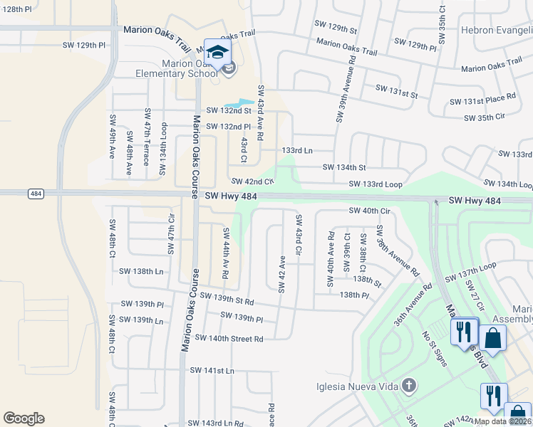 map of restaurants, bars, coffee shops, grocery stores, and more near 13702 Southwest 43rd Circle in Ocala
