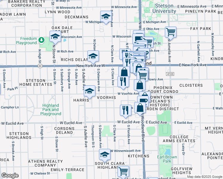 map of restaurants, bars, coffee shops, grocery stores, and more near 234 South Clara Avenue in DeLand