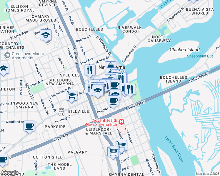 map of restaurants, bars, coffee shops, grocery stores, and more near 231 Canal Street in New Smyrna Beach