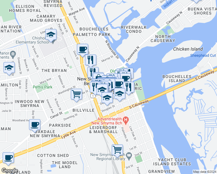 map of restaurants, bars, coffee shops, grocery stores, and more near 110 Rush Street in New Smyrna Beach