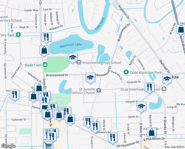 map of restaurants, bars, coffee shops, grocery stores, and more near 482 Brazoswood Drive in Clute