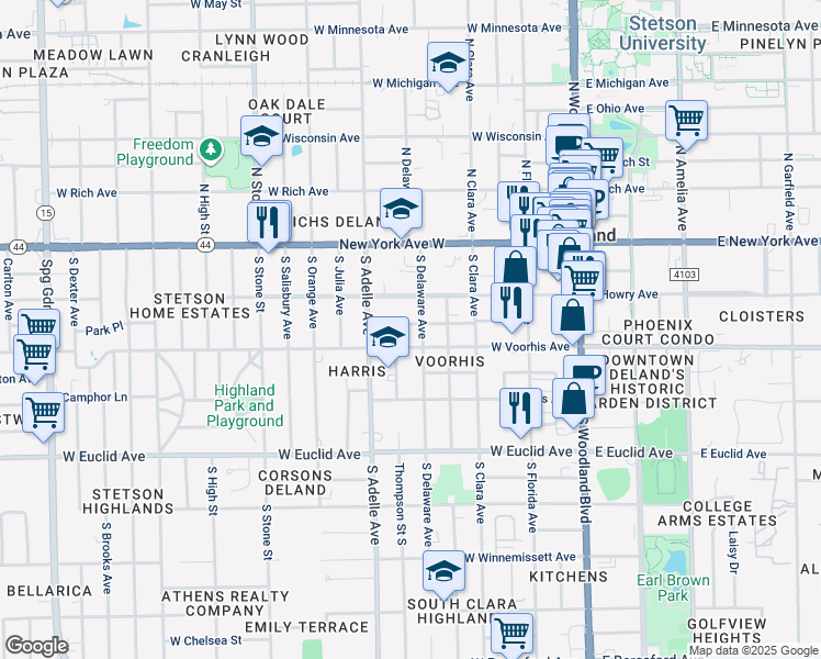 map of restaurants, bars, coffee shops, grocery stores, and more near 420 West Carolina Avenue in DeLand