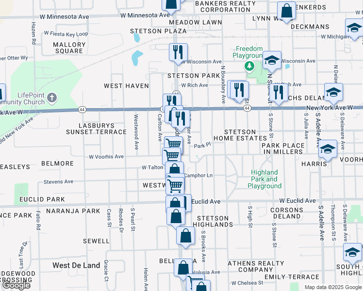 map of restaurants, bars, coffee shops, grocery stores, and more near 211 South Spring Garden Avenue in DeLand