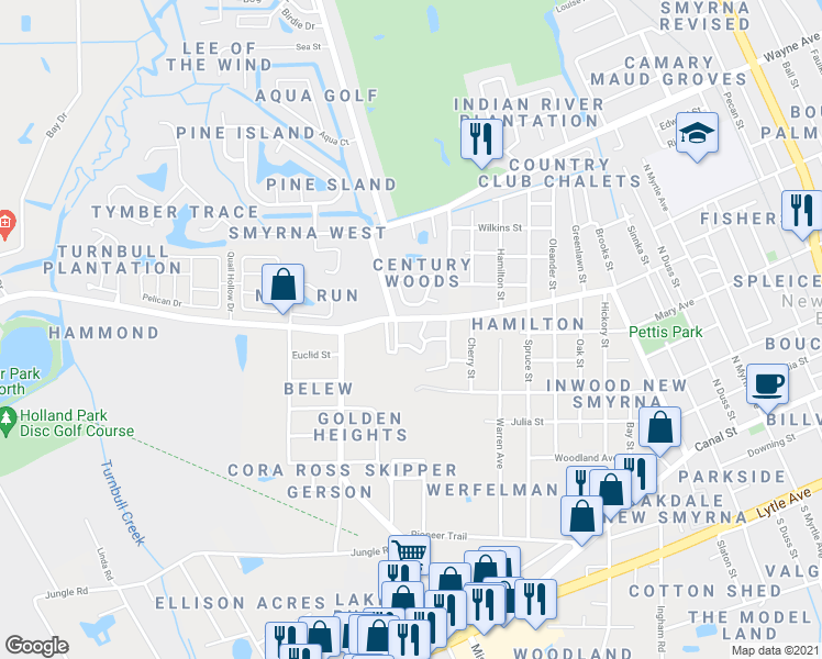 map of restaurants, bars, coffee shops, grocery stores, and more near 1822 Enterprise Avenue in New Smyrna Beach