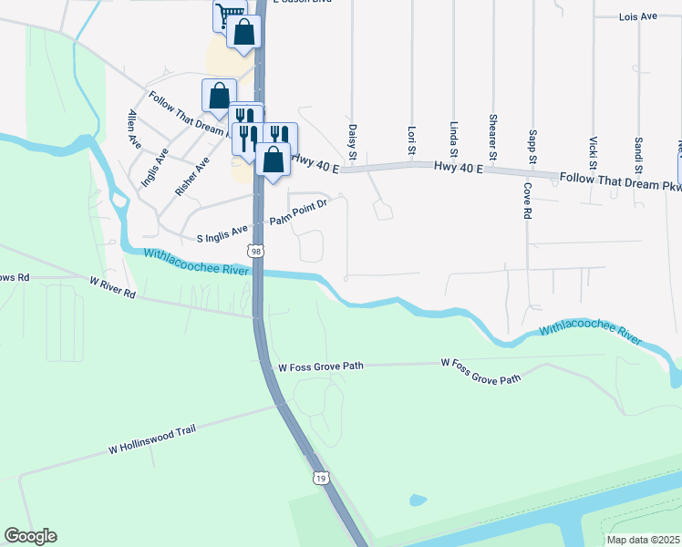 map of restaurants, bars, coffee shops, grocery stores, and more near 24 River Trail Drive in Inglis