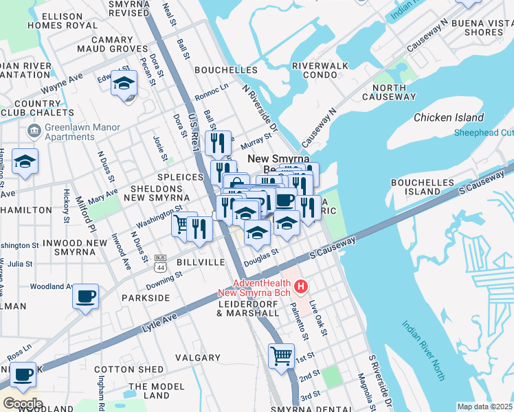 map of restaurants, bars, coffee shops, grocery stores, and more near 405 Canal Street in New Smyrna Beach