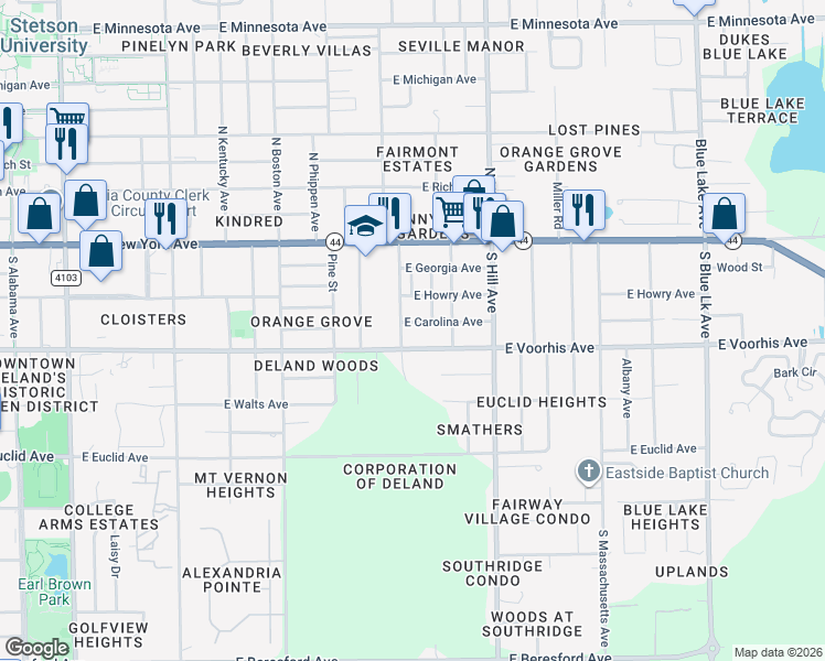 map of restaurants, bars, coffee shops, grocery stores, and more near 284 South Virginia Avenue in DeLand