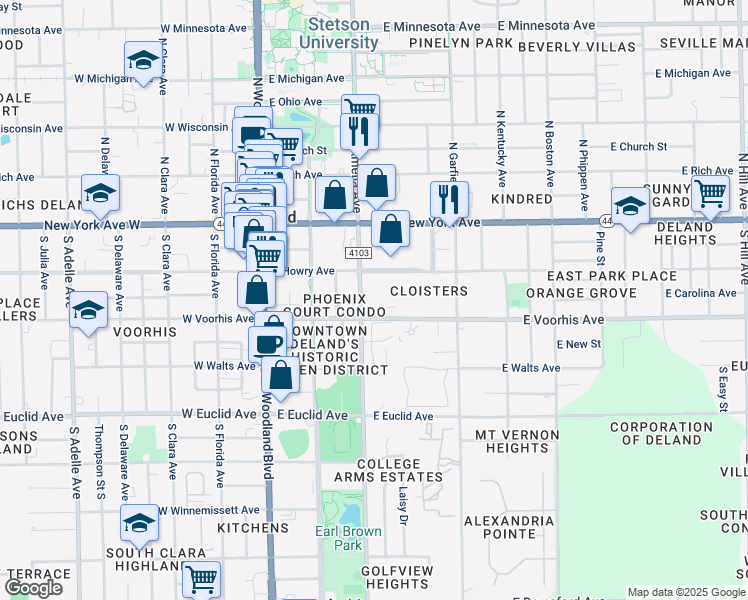 map of restaurants, bars, coffee shops, grocery stores, and more near 313 East Voorhis Avenue in DeLand