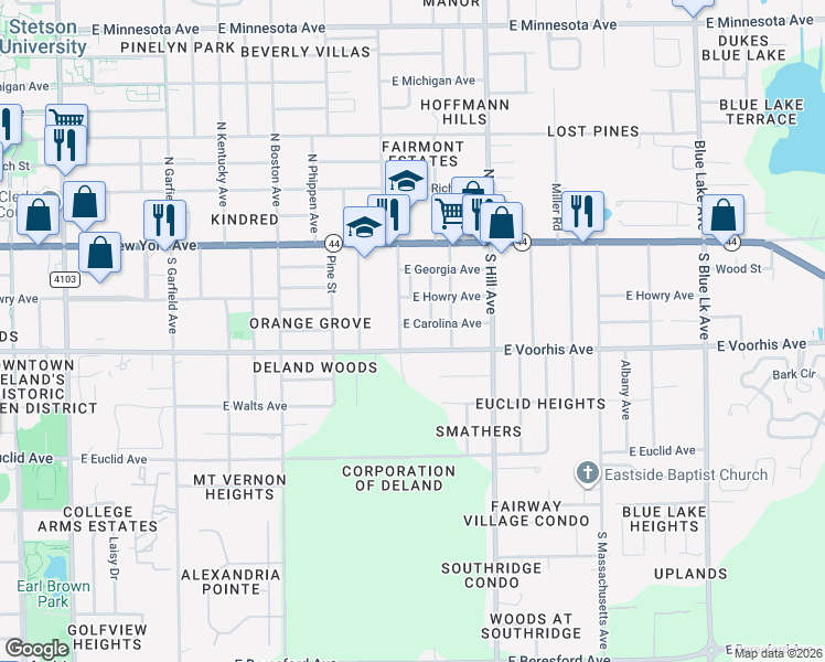 map of restaurants, bars, coffee shops, grocery stores, and more near 959 East Voorhis Avenue in DeLand