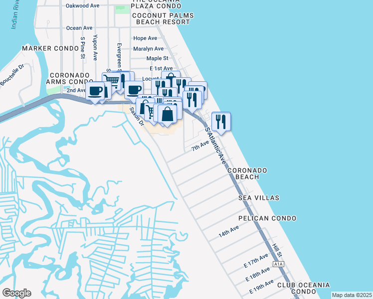 map of restaurants, bars, coffee shops, grocery stores, and more near 802 7th Avenue in New Smyrna Beach