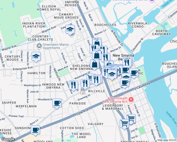 map of restaurants, bars, coffee shops, grocery stores, and more near 543 Washington Street in New Smyrna Beach