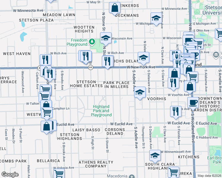 map of restaurants, bars, coffee shops, grocery stores, and more near 228 South Salisbury Avenue in DeLand