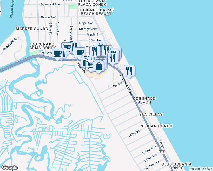 map of restaurants, bars, coffee shops, grocery stores, and more near 802 7th Avenue in New Smyrna Beach