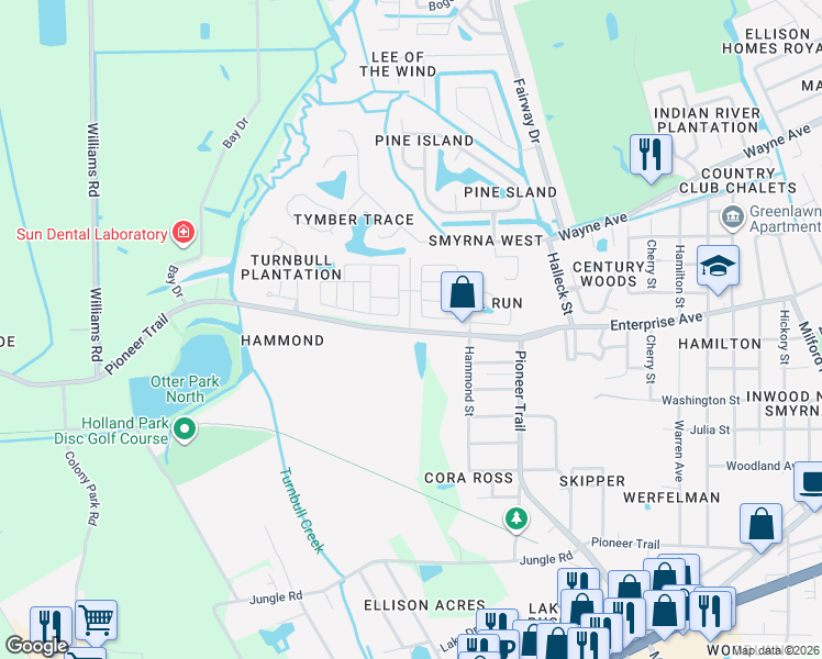 map of restaurants, bars, coffee shops, grocery stores, and more near 182 Fox Fire Circle in New Smyrna Beach