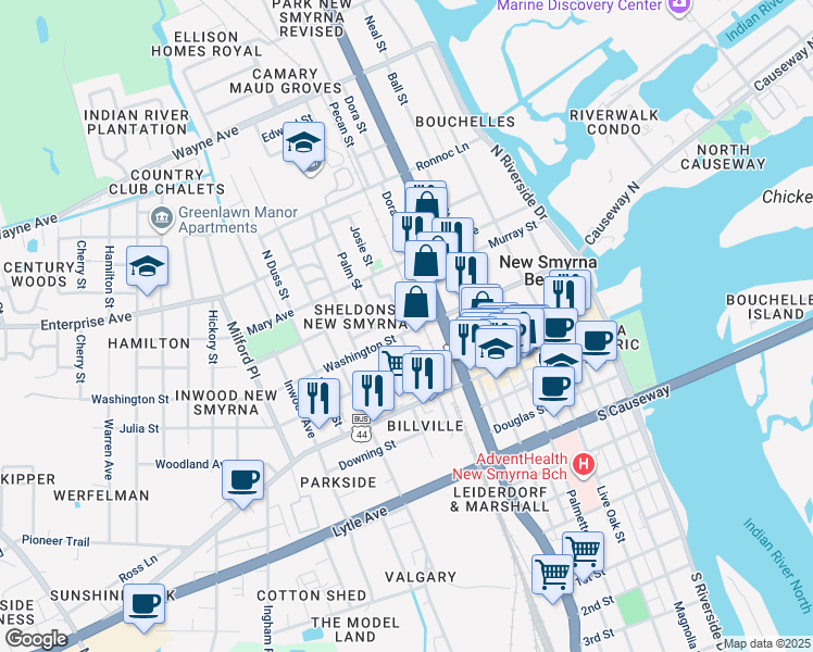 map of restaurants, bars, coffee shops, grocery stores, and more near 543 Washington Street in New Smyrna Beach