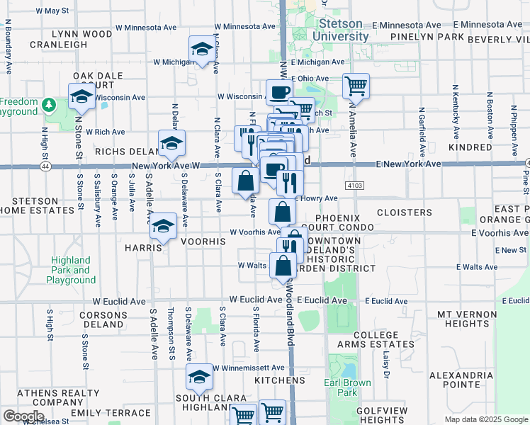 map of restaurants, bars, coffee shops, grocery stores, and more near 128 West Howry Avenue in DeLand