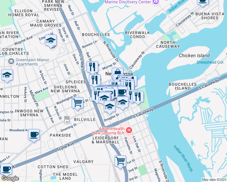 map of restaurants, bars, coffee shops, grocery stores, and more near 231 Canal Street in New Smyrna Beach