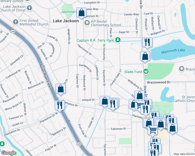 map of restaurants, bars, coffee shops, grocery stores, and more near 299 Caladium Street in Lake Jackson