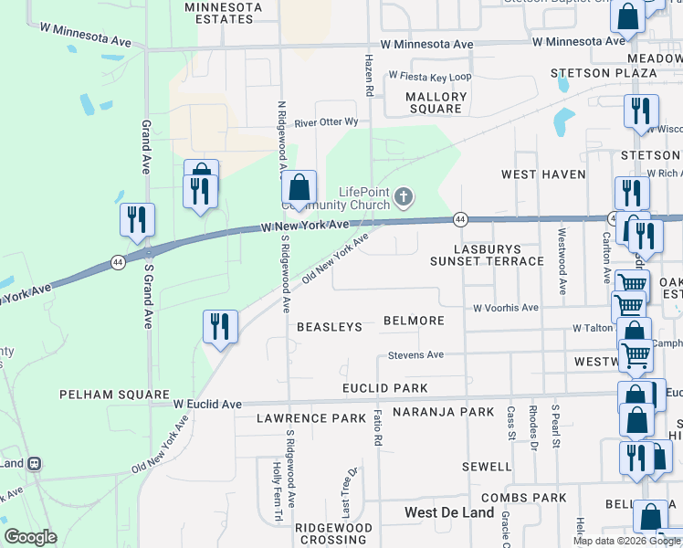 map of restaurants, bars, coffee shops, grocery stores, and more near 1630 Strathcona Avenue in DeLand