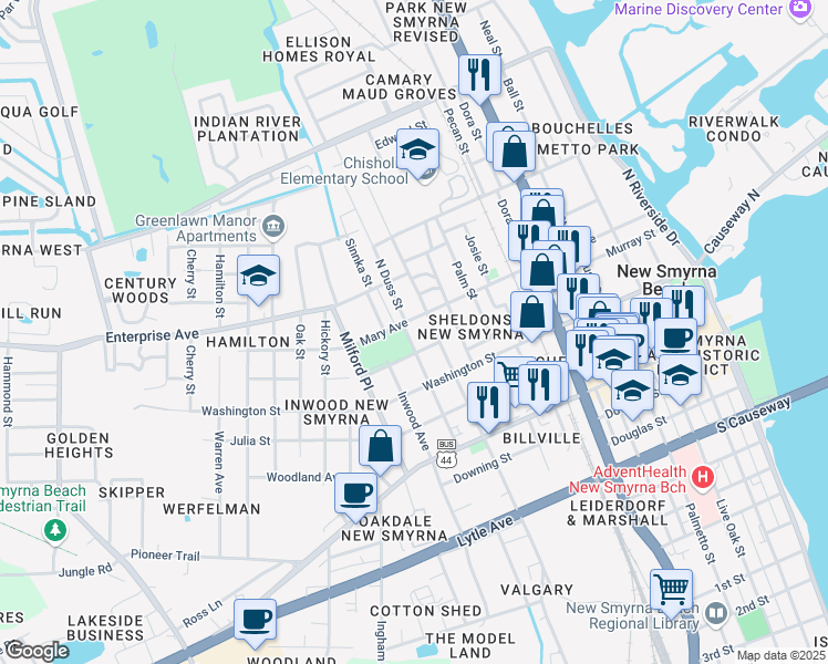 map of restaurants, bars, coffee shops, grocery stores, and more near 409 North Duss Street in New Smyrna Beach