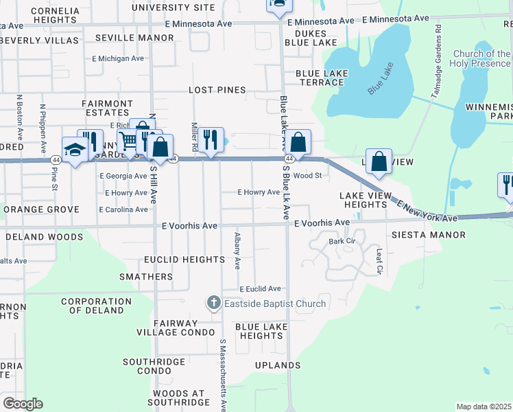 map of restaurants, bars, coffee shops, grocery stores, and more near 1402 East Carolina Avenue in DeLand