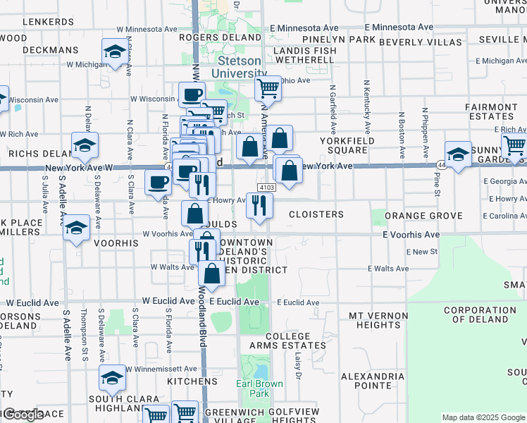 map of restaurants, bars, coffee shops, grocery stores, and more near 223 East Voorhis Avenue in DeLand