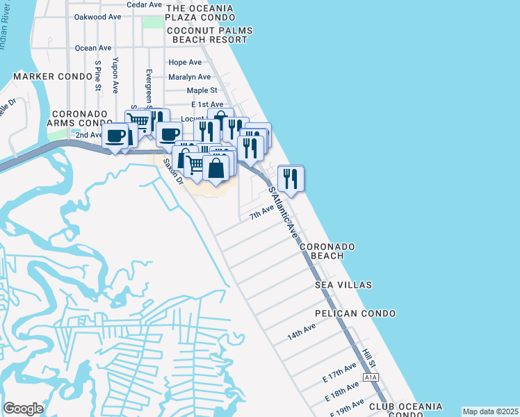 map of restaurants, bars, coffee shops, grocery stores, and more near 814 7th Avenue in New Smyrna Beach
