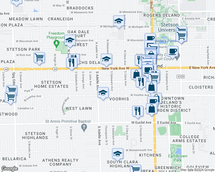 map of restaurants, bars, coffee shops, grocery stores, and more near 420 West Carolina Avenue in DeLand