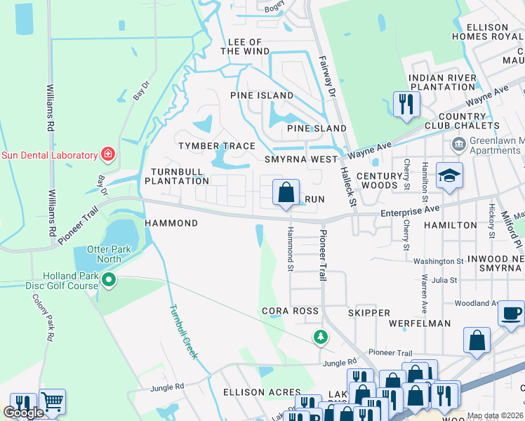 map of restaurants, bars, coffee shops, grocery stores, and more near 182 Fox Fire Circle in New Smyrna Beach