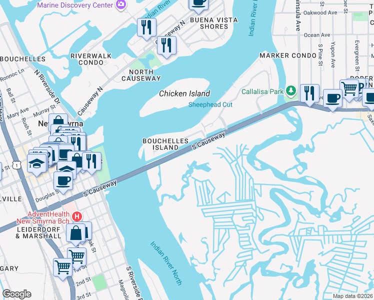 map of restaurants, bars, coffee shops, grocery stores, and more near South Causeway in New Smyrna Beach