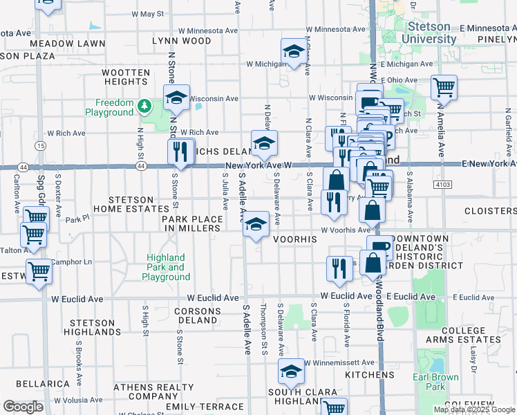 map of restaurants, bars, coffee shops, grocery stores, and more near 420 West Carolina Avenue in DeLand