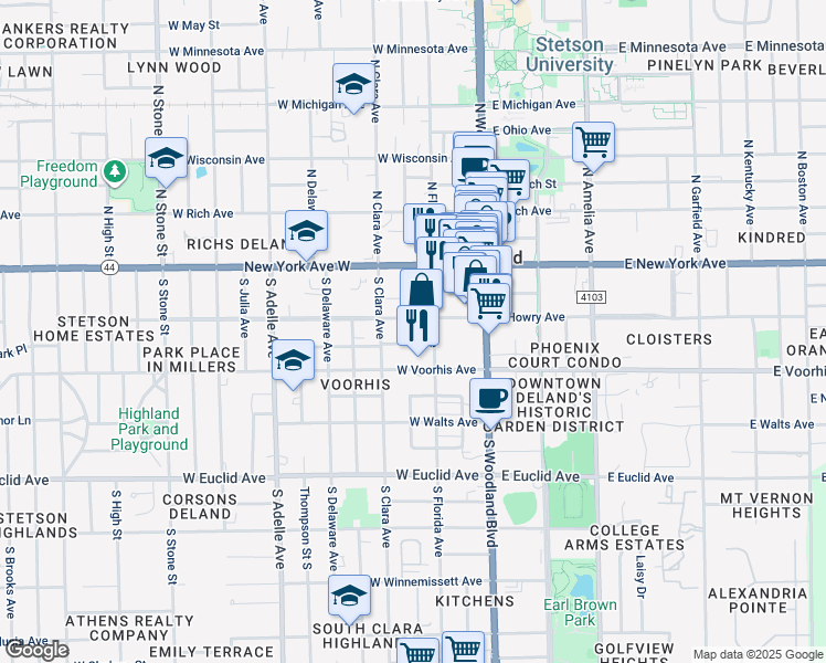 map of restaurants, bars, coffee shops, grocery stores, and more near 201 West Howry Avenue in DeLand