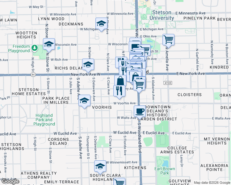 map of restaurants, bars, coffee shops, grocery stores, and more near 201 West Howry Avenue in DeLand