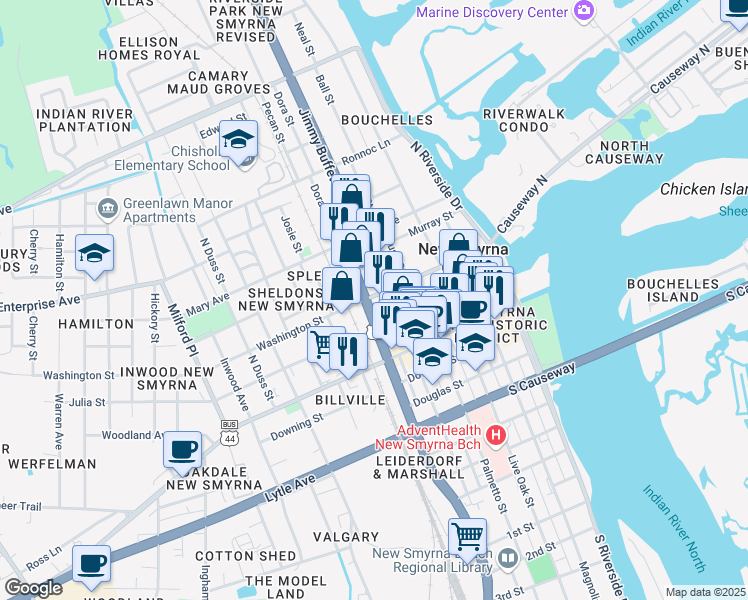 map of restaurants, bars, coffee shops, grocery stores, and more near in New Smyrna Beach