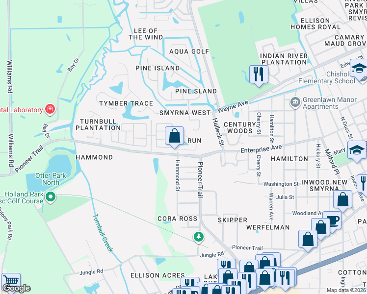 map of restaurants, bars, coffee shops, grocery stores, and more near 529 Mill Run Drive in New Smyrna Beach