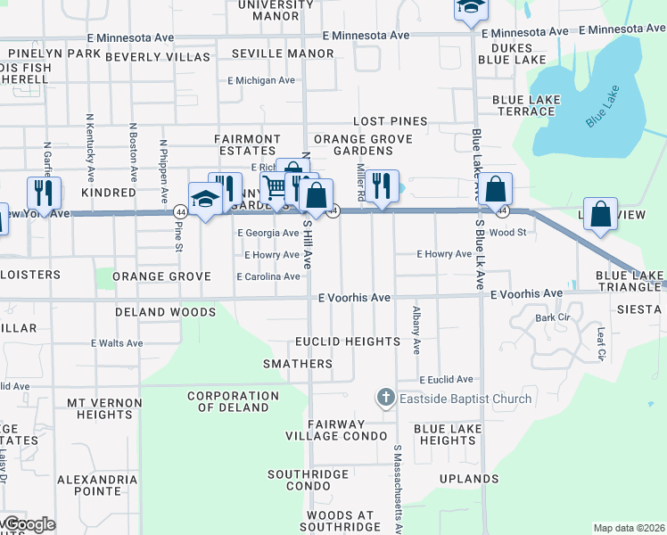 map of restaurants, bars, coffee shops, grocery stores, and more near 226 Pecan Street in DeLand