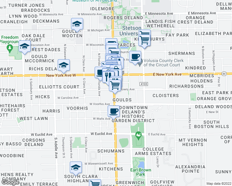 map of restaurants, bars, coffee shops, grocery stores, and more near 215 South Woodland Boulevard in DeLand