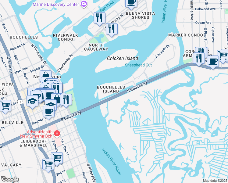 map of restaurants, bars, coffee shops, grocery stores, and more near 29 Richmond Drive in New Smyrna Beach