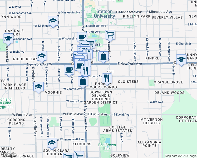 map of restaurants, bars, coffee shops, grocery stores, and more near 207 South Alabama Avenue in DeLand