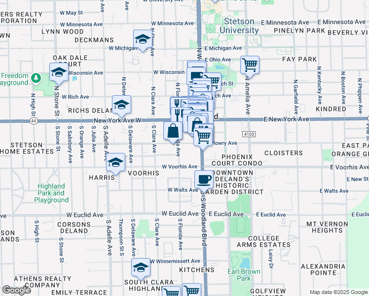 map of restaurants, bars, coffee shops, grocery stores, and more near 123 West Howry Avenue in DeLand