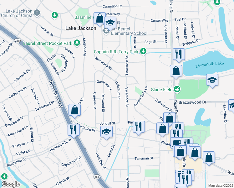 map of restaurants, bars, coffee shops, grocery stores, and more near 233 Caladium Street in Lake Jackson