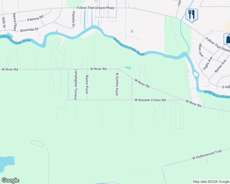 map of restaurants, bars, coffee shops, grocery stores, and more near 15109 West Rooster Crows Road in Inglis