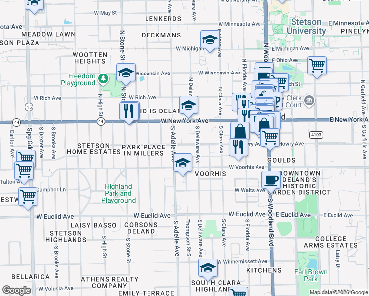 map of restaurants, bars, coffee shops, grocery stores, and more near 415 West Howry Avenue in DeLand