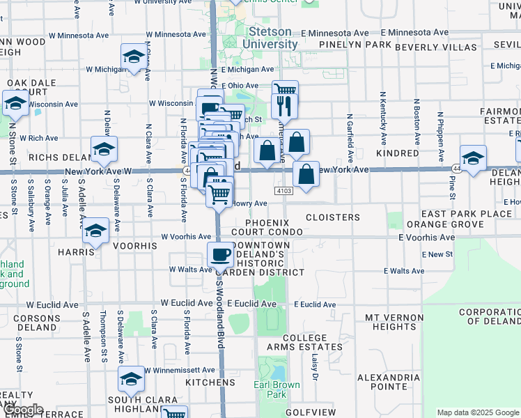 map of restaurants, bars, coffee shops, grocery stores, and more near 233 East Howry Avenue in DeLand
