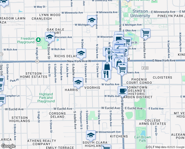 map of restaurants, bars, coffee shops, grocery stores, and more near 333 West Howry Avenue in DeLand