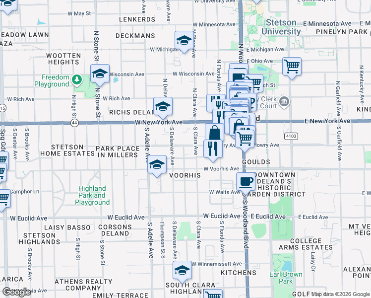 map of restaurants, bars, coffee shops, grocery stores, and more near 320 West Howry Avenue in DeLand
