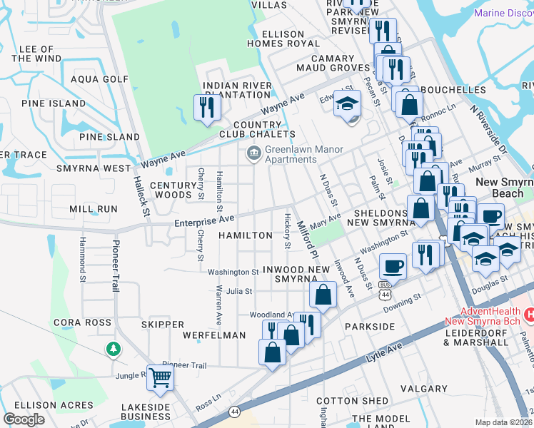 map of restaurants, bars, coffee shops, grocery stores, and more near 1213 Enterprise Avenue in New Smyrna Beach